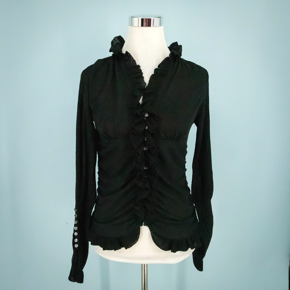 Magaschoni Size Small S Black Ruched Ruffle Button Cotton Cardigan Sweater
